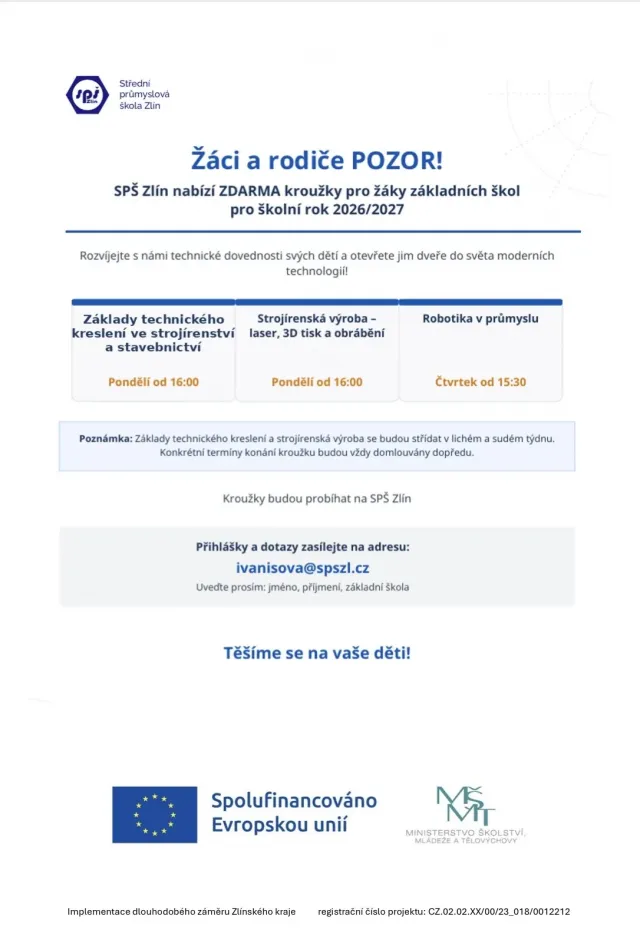 Nabídka kroužků pro žáky uvažující o studiu na střední průmyslové škole